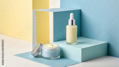 Wallpaper Mural Cream jar and serum on sky-blue angular stage, pastel yellow and light grey split background. Torontodigital.ca