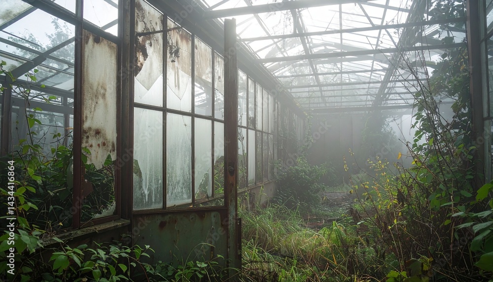Overgrown abandoned greenhouse filled with morning fog Overgrown abandoned greenhouse filled with morning fog