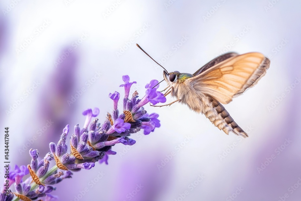 A hummingbird hawk-moth feeds on nectar from a vibrant purple lavender flower. A hummingbird hawk-moth feeds on nectar from a vibrant purple lavender flower.