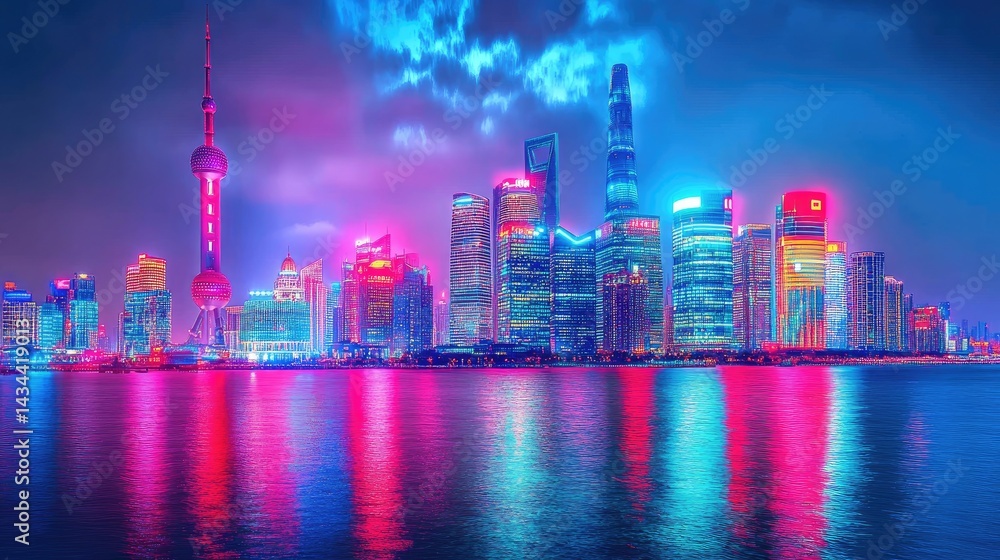 Obraz premium Vibrant nighttime cityscape of Shanghai, China, showcasing the iconic skyline reflected in the water.