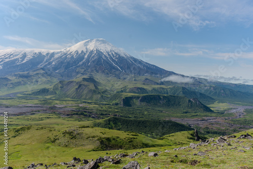 volcano with a clear blue sky in the background