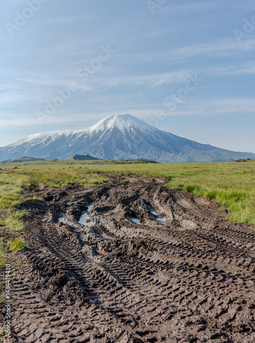 volcano with a clear blue sky in the background