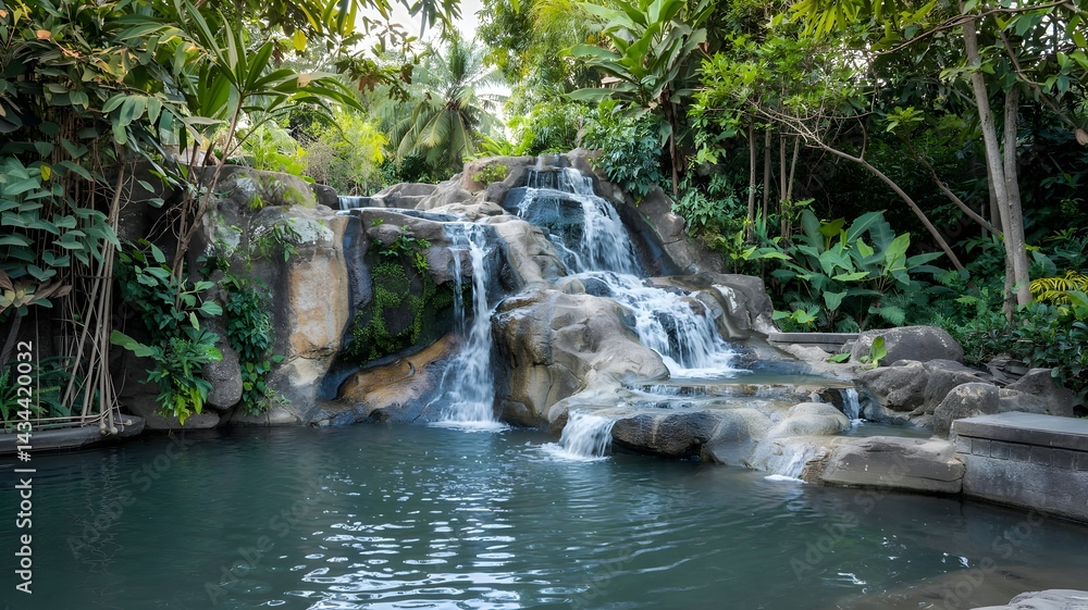 waterfall in the forest green trees around this, Ai generated image. waterfall in the forest green trees around this, Ai generated image.