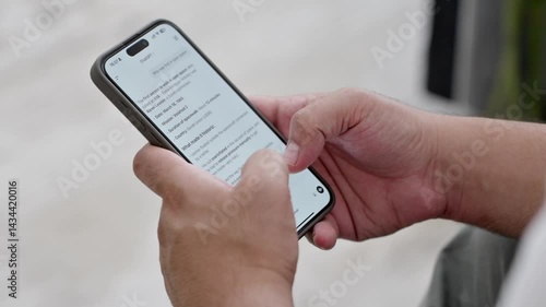 Dubai, UAE- 25.04.2025: Adult male using OPEN AI ChatGPT on a smartphone. Artificial intelligence technology. Smartphone closeup. Male hands using AI on phone. High quality 4k footage