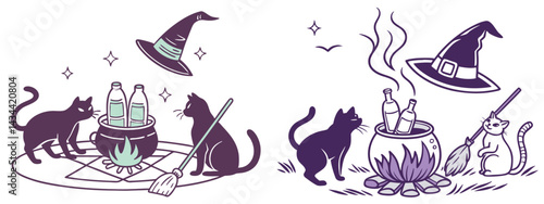A group of potion bottles arranged in a ritual circle near a campfire, a witch hat floating above them magically, broomstick hovering nearby, two curious cats watching