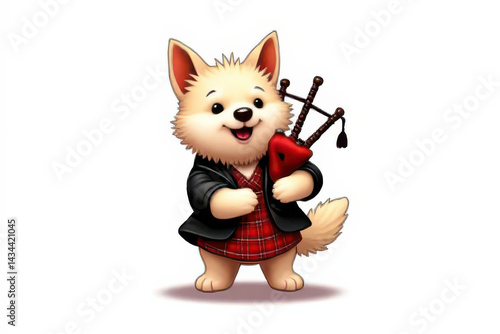 Fluffy Scottish Terrier Cartoon Character in Highland Dress Playing Mini Bagpipes - Comical & Charming Stylized Illustration