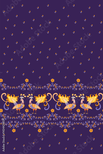 Beautiful seamless pattern for fabric, towel with ornamental border. Fabulous yellow birds and tiny flowers on a deep purple background.