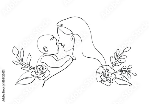 ontinuous line drawing of a mother tenderly holding her baby in a minimalist black and white side profile illustration