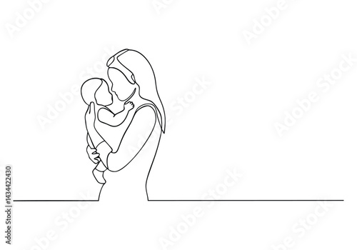 ontinuous line drawing of a mother tenderly holding her baby in a minimalist black and white side profile illustration