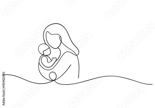 ontinuous line drawing of a mother tenderly holding her baby in a minimalist black and white side profile illustration