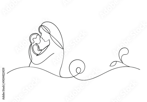 ontinuous line drawing of a mother tenderly holding her baby in a minimalist black and white side profile illustration