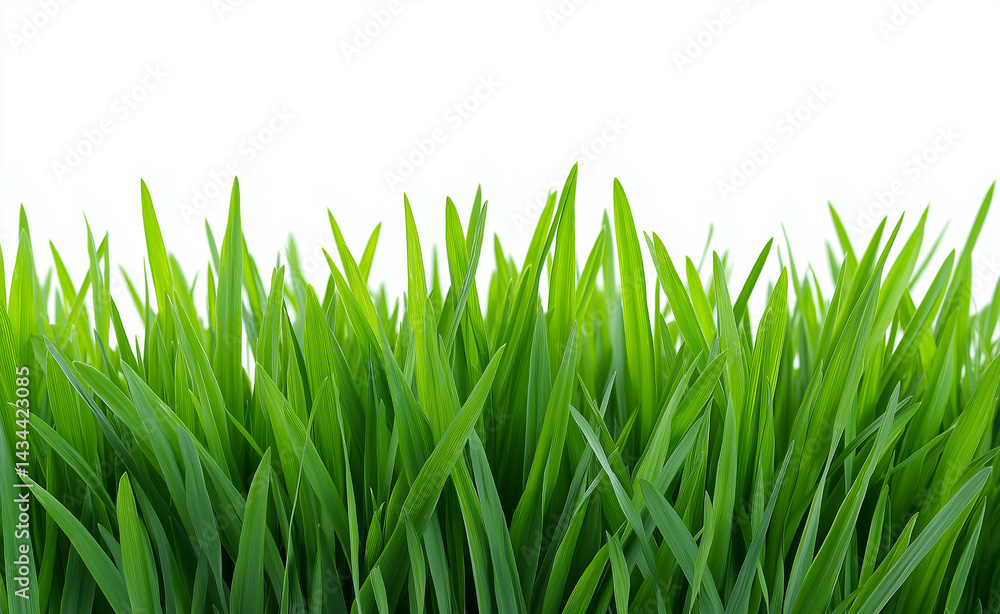 Fototapeta premium Lush green grass blades isolated on a white background, symbolizing freshness and natural growth. 