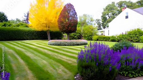 Beautifully landscaped garden with striped lawn and blooming purple flowers

