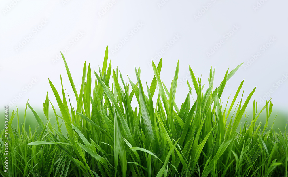 Fototapeta premium Lush green grass blades isolated on a white background, symbolizing freshness and natural growth. 