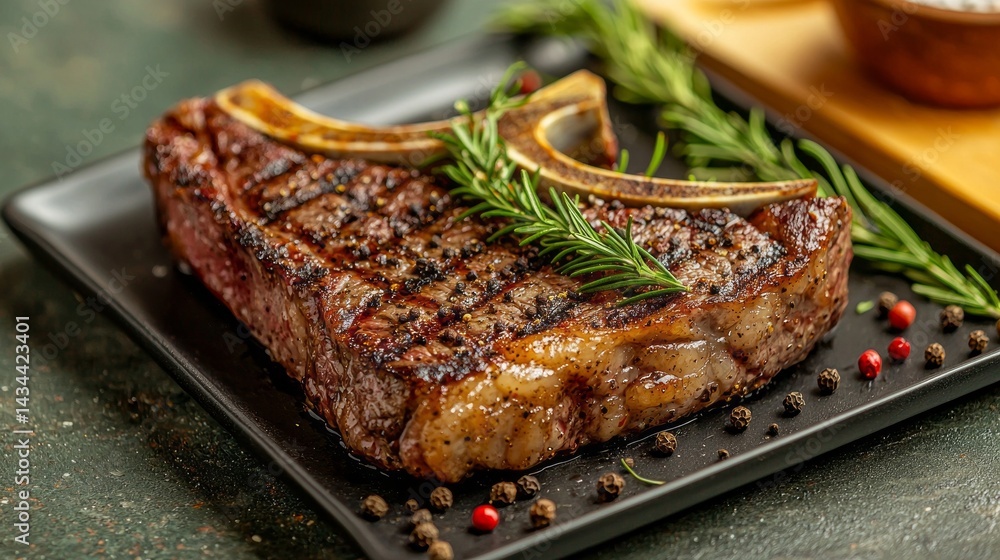 A steak with a side of herbs and spices on a black plate A steak with a side of herbs and spices on a black plate