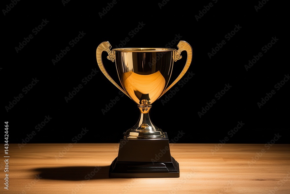Subtle trophy display on a wooden table with a dark backdrop and abstract reflections Subtle trophy display on a wooden table with a dark backdrop and abstract reflections