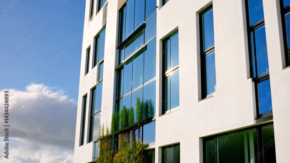Modern eco friendly building with large glass windows and vertical green wall under blue sky
Modern eco friendly building with large glass windows and vertical green wall under blue sky