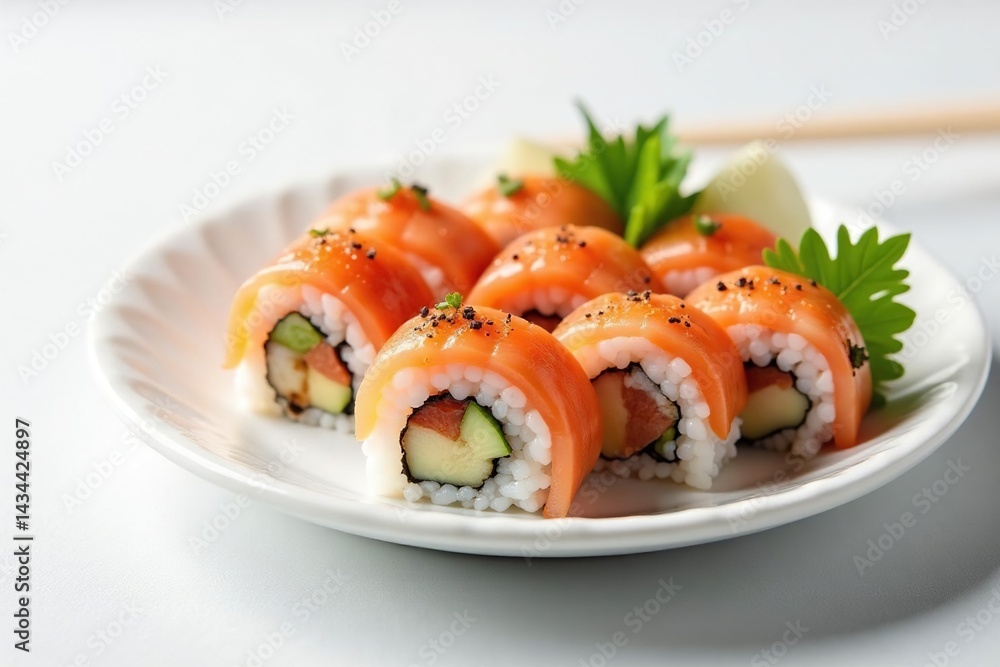 Perfectly arranged sushi platter, minimalist white background, bento, udon Perfectly arranged sushi platter, minimalist white background, bento, udon