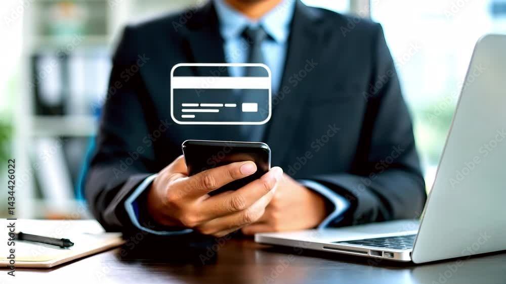 Secure Mobile Payment with Businessman Using Phone and Virtual Credit Card for Online Transaction, Digital Wallet, Contactless Payment, and Modern Financial Technology