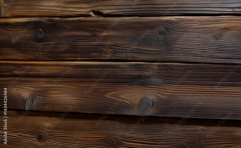 Naklejka premium Dark stained wooden planks arranged vertically, showcasing rich textures and natural grain patterns. 