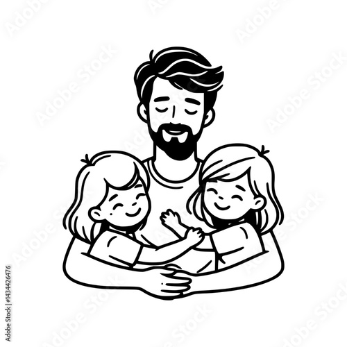 Cartoon family illustration of a father with his girls, a vector drawing showing parental love