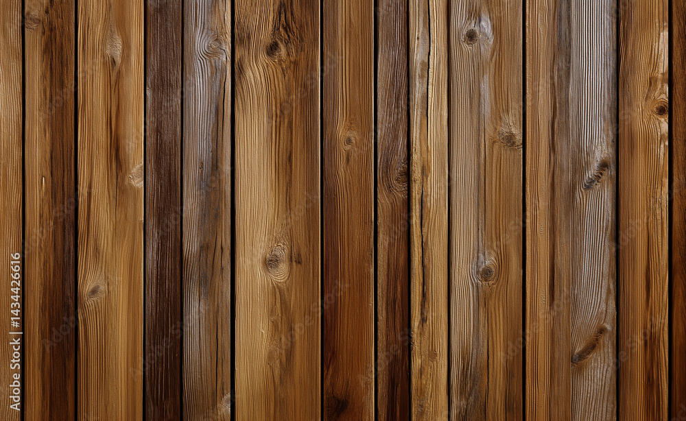Fototapeta premium Dark stained wooden planks arranged vertically, showcasing rich textures and natural grain patterns. 