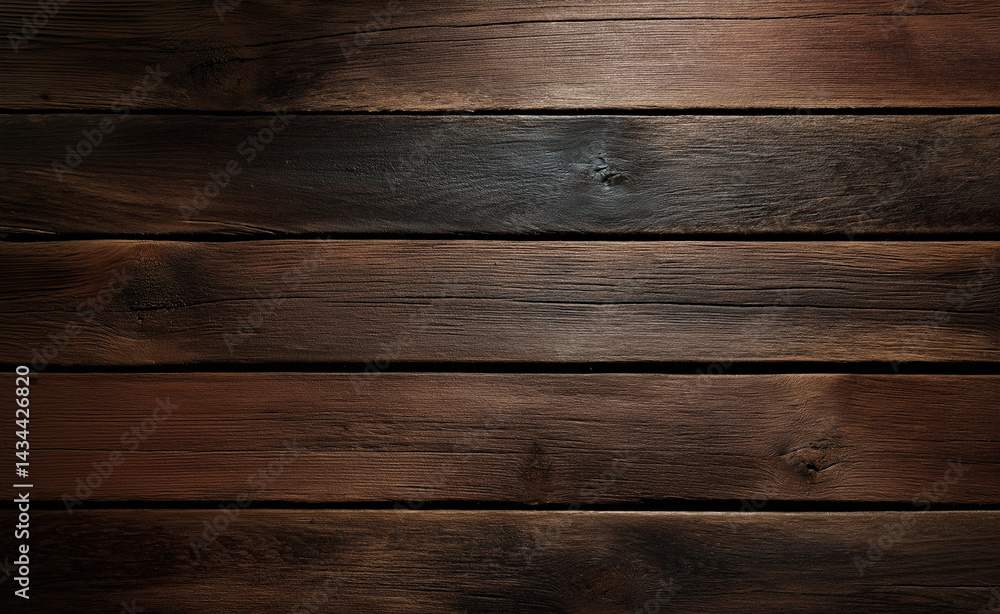 Fototapeta premium Dark stained wooden planks arranged vertically, showcasing rich textures and natural grain patterns. 