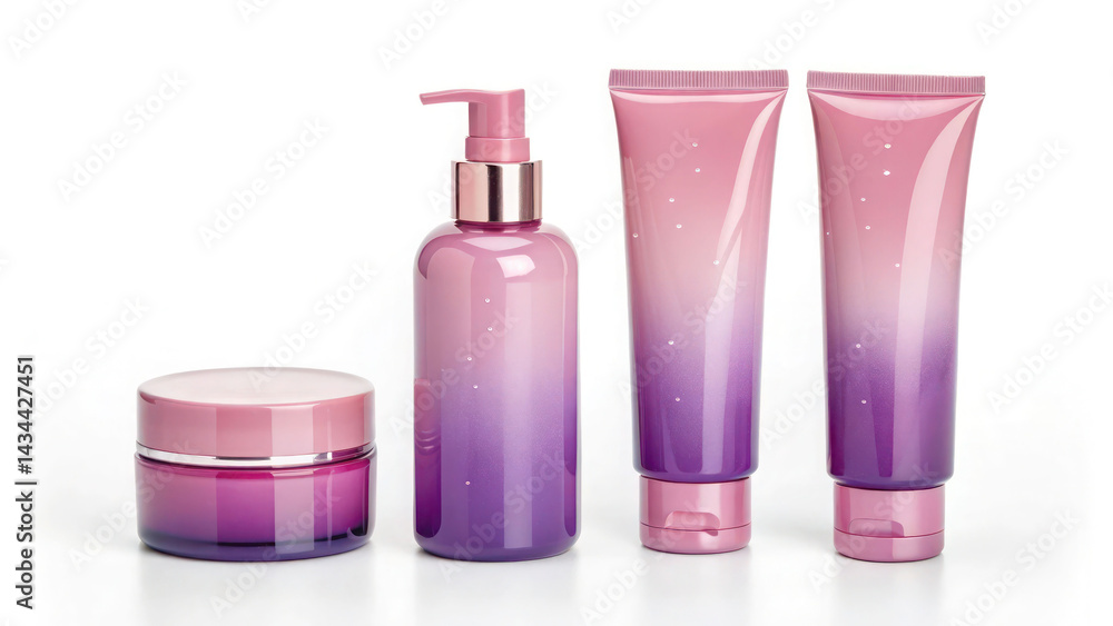Gradient pink-to-purple lotion bottles and tubes. Dreamy and soft skincare set. Gradient pink-to-purple lotion bottles and tubes. Dreamy and soft skincare set.