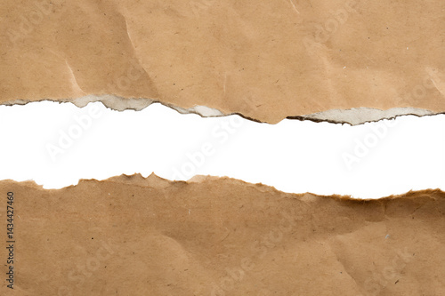 Torn brown paper, ripped edge, white background, textured surface, kraft paper, jagged tear, contrasting layers, close-up, minimalist composition, rough texture, natural materials, paper craft