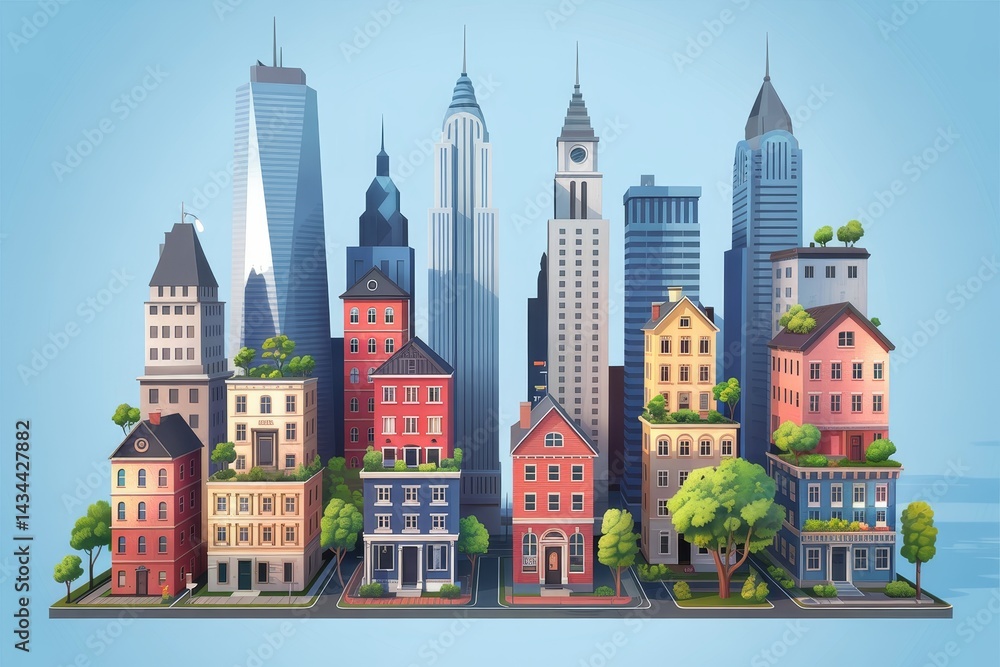 Fototapeta premium Colorful Cityscape with Diverse Buildings Against Clear Sky