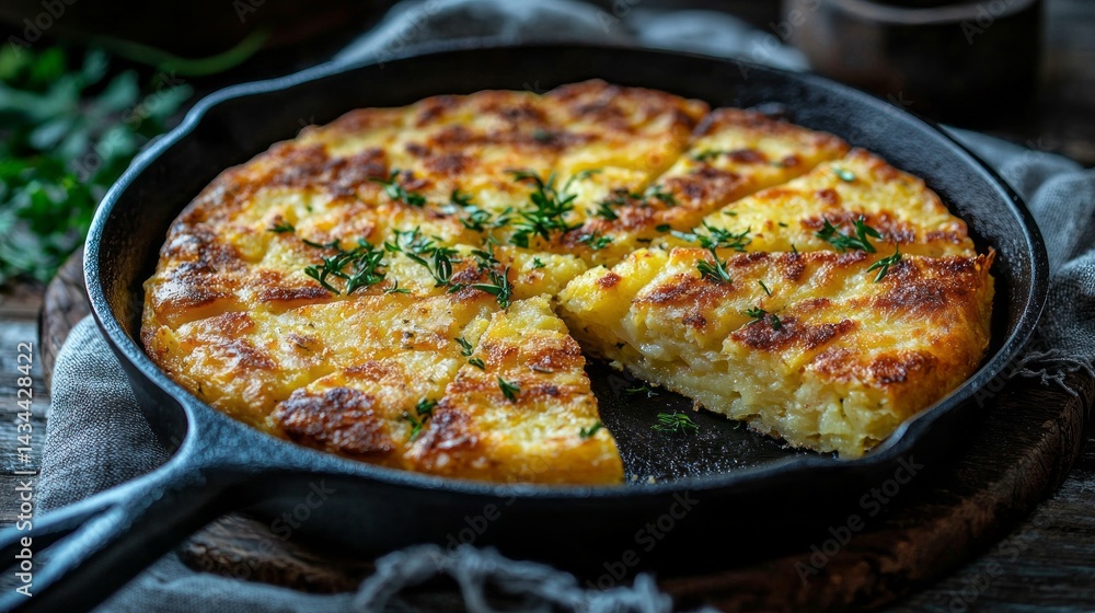 A pan of food with a piece missing A pan of food with a piece missing