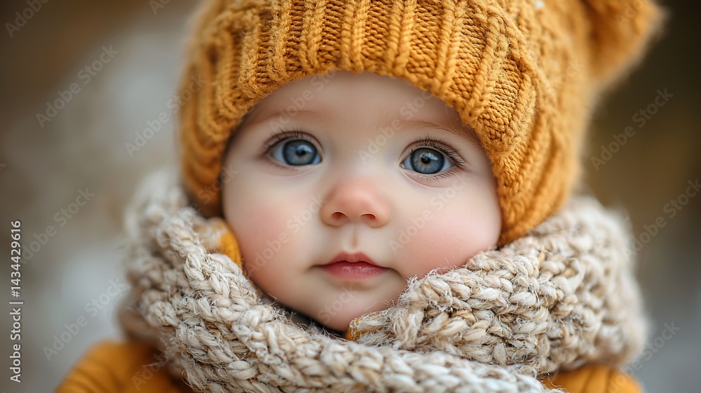 Baby in knitted hat and scarf, autumn park Baby in knitted hat and scarf, autumn park