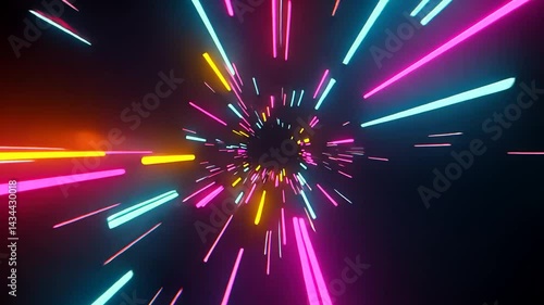 Dynamic colorful light streaks through space, futuristic tunnel background animation