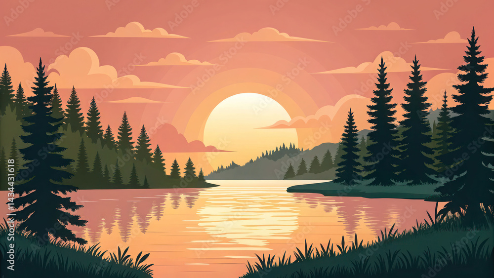 Fototapeta premium Lake with golden sun setting behind pine forest – vector art