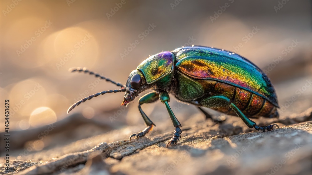 Fototapeta premium Macro of a iridescent beetle in golden light. Bug, insect