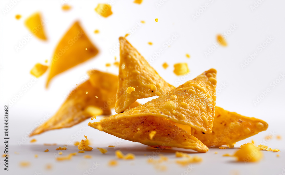 Tortilla chips flying and stacked in a pile, isolated on white with visible crunchy crumbs.
Tortilla chips flying and stacked in a pile, isolated on white with visible crunchy crumbs.