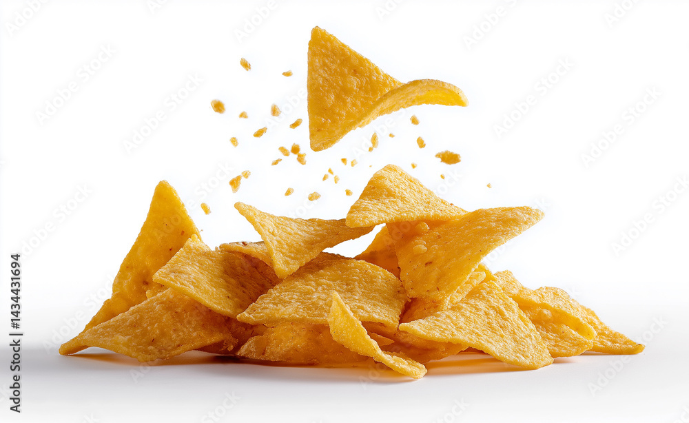 Tortilla chips flying and stacked in a pile, isolated on white with visible crunchy crumbs.
Tortilla chips flying and stacked in a pile, isolated on white with visible crunchy crumbs.
