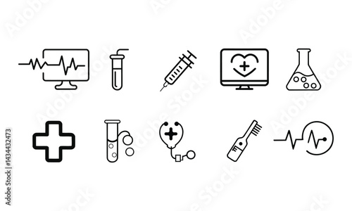 Medical Line Icon Set contains Stethoscope, Ambulance, Nurse, Doctor, Syringe, Serum, First Aid Kit and so on icons