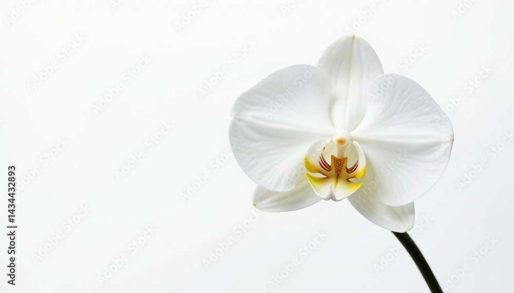 Obraz premium Single, pristine white orchid blossom on stark white, still life, macro