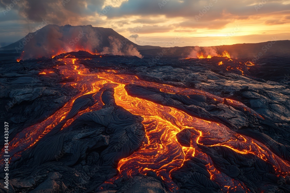 Fototapeta premium Molten lava flowing across rocky terrain with eruption glow