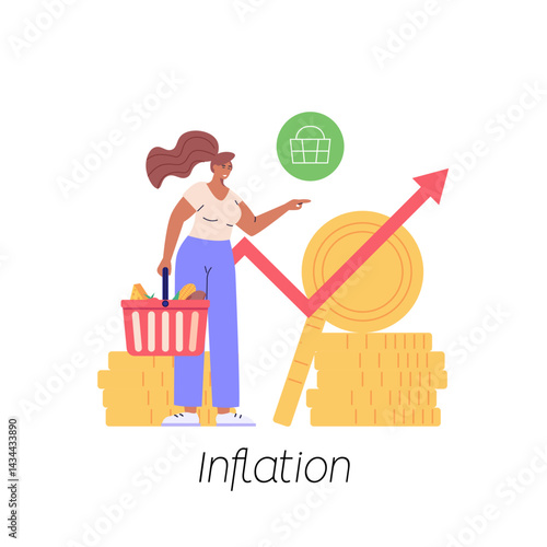 Consumer with shopping cart and grocery prices rising. Increase inflation. Concept of inflation, rising food cost, financial crisis. Vector illustration in flat cartoon design