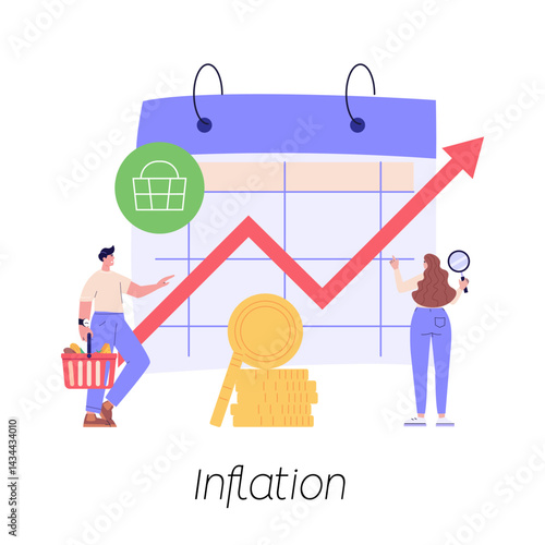 Consumer with shopping cart and grocery prices rising. Increase inflation. Concept of inflation, rising food cost, financial crisis. Vector illustration in flat cartoon design
