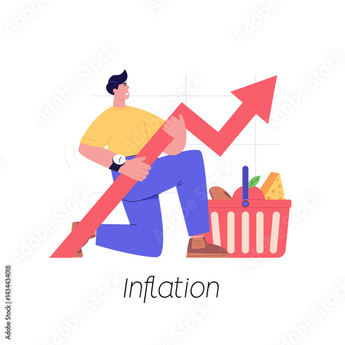 Consumer with shopping cart and grocery prices rising. Increase inflation. Concept of inflation, rising food cost, financial crisis. Vector illustration in flat cartoon design