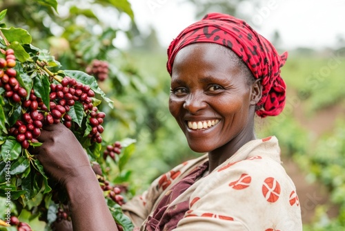 A smiling woman harvests ripe red coffee beans from a plant in a lush green field.