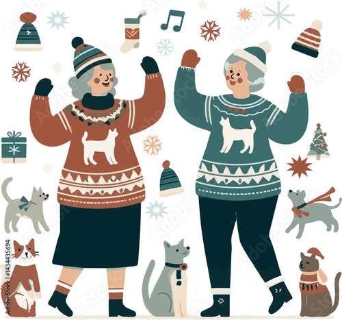 Elderly couple celebrating joyfully in holiday sweaters with pets  