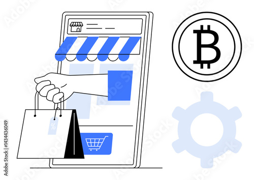 Mobile storefront with a hand holding shopping bags, Bitcoin icon, and gear symbol. Ideal for e-commerce, cryptocurrency, fintech, online payment, digital marketplace, innovation flat simple