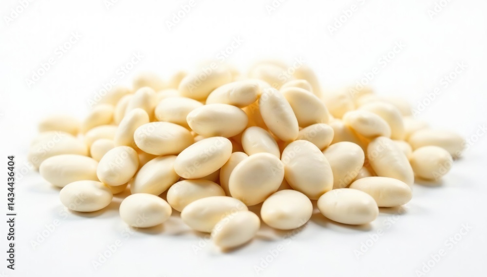 Pile of white beans against stark white backdrop, healthy, nutritious Pile of white beans against stark white backdrop, healthy, nutritious