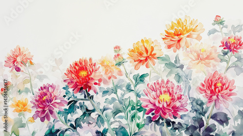 watercolor botanical Chrysanthemum flowers texture template background.Elegant wedding invitation card background . Minimal hand painted Design for wedding or Valentine's Day