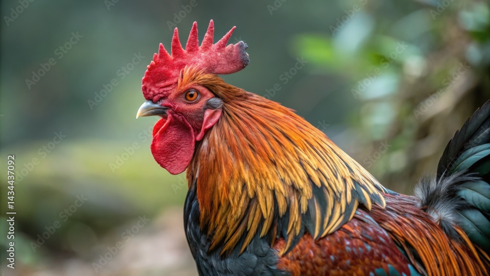Fototapeta premium Rooster Profile, Red comb, Colorful Feathers, Poultry, Chicken