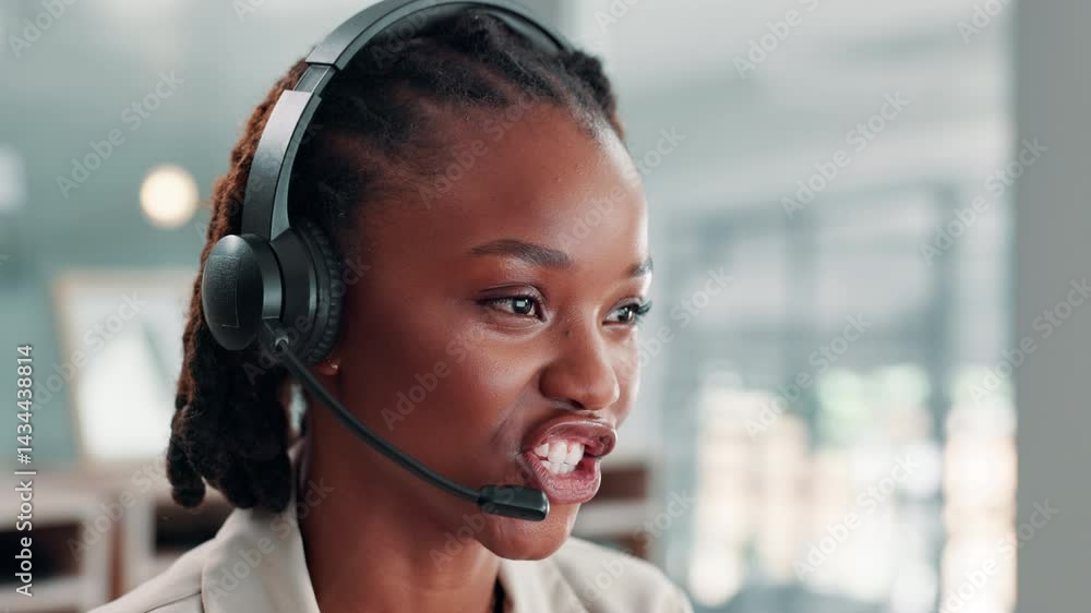 African woman, headset and call center with talk at office, contact or insight with legal consulting. Person, microphone and headphones for conversation, voip or customer support for advice at agency African woman, headset and call center with talk at office, contact or insight with legal consulting. Person, microphone and headphones for conversation, voip or customer support for advice at agency